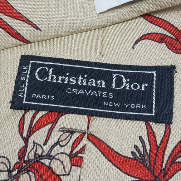 VTG Christian Dior Cravates Men's Silk Tie Tan Rust Yellow Cattails Plants 54" - Picture 8 of 8